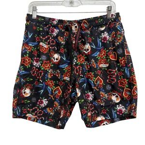 Mens Tattoo Print Swim Trunks Shorts Black Skull Rose Snake Design M L XL